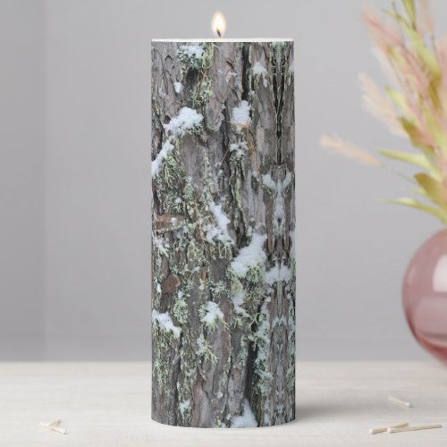 Rustic Snow and Moss Pine Bark Pillar Candle