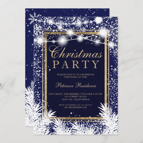 Rustic snow blue Christmas pine string lights Invitation