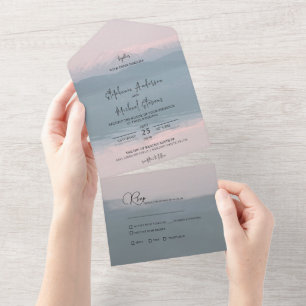 Rustic Snow-capped Mountain & Lake Wedding All In One Invitation