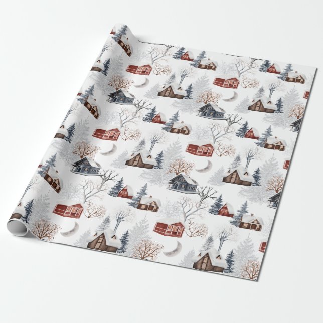 Rustic Snow Christmas Winter Forest Cabin Gift Wrapping Paper (Unrolled)