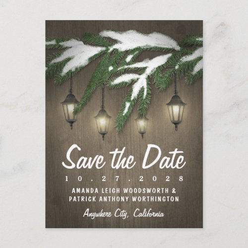 Rustic Snow Evergreen Lantern Save The Date Cards