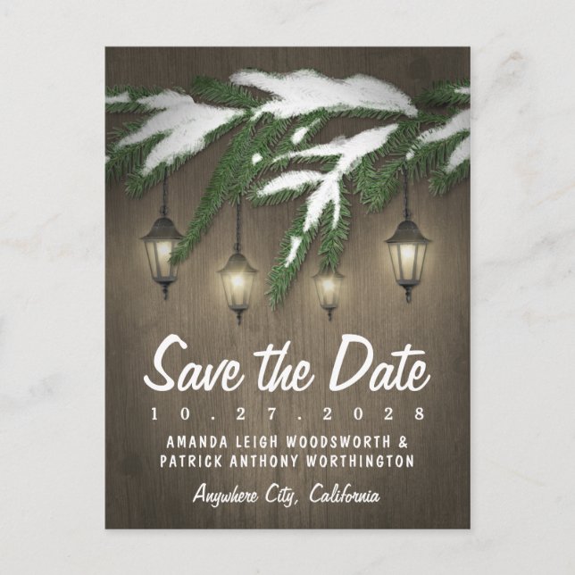 Rustic Snow Evergreen Lantern Save The Date Cards (Front)