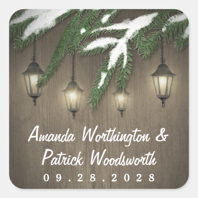 Rustic Snow Evergreen Lantern Wedding Favor Square Sticker (Front)