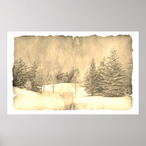 Rustic snow evergreen winter scene on parchment poster