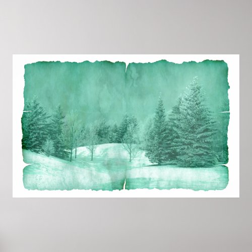 Rustic snow evergreen winter scene on parchment poster