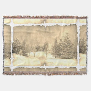 Rustic snow evergreen winter scene on parchment throw blanket