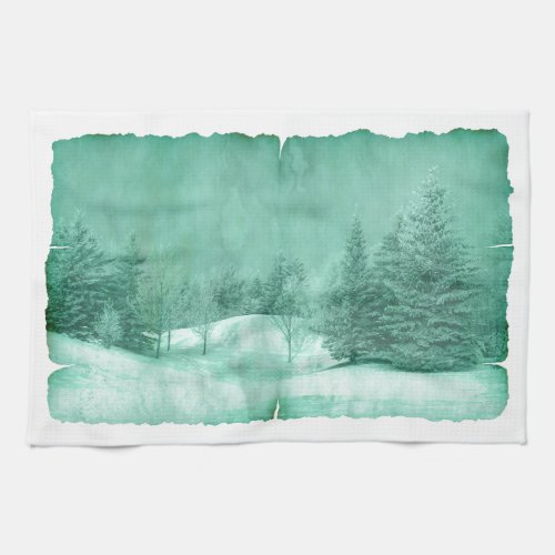 Rustic snow evergreen winter scene parchment green kitchen towel