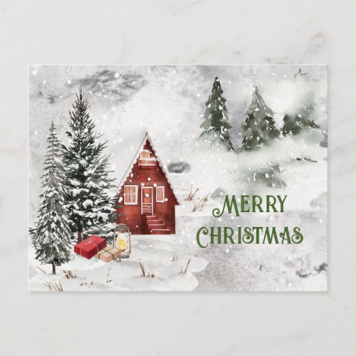 Rustic Snow Mountain Cabin Christmas Tree  Postcard