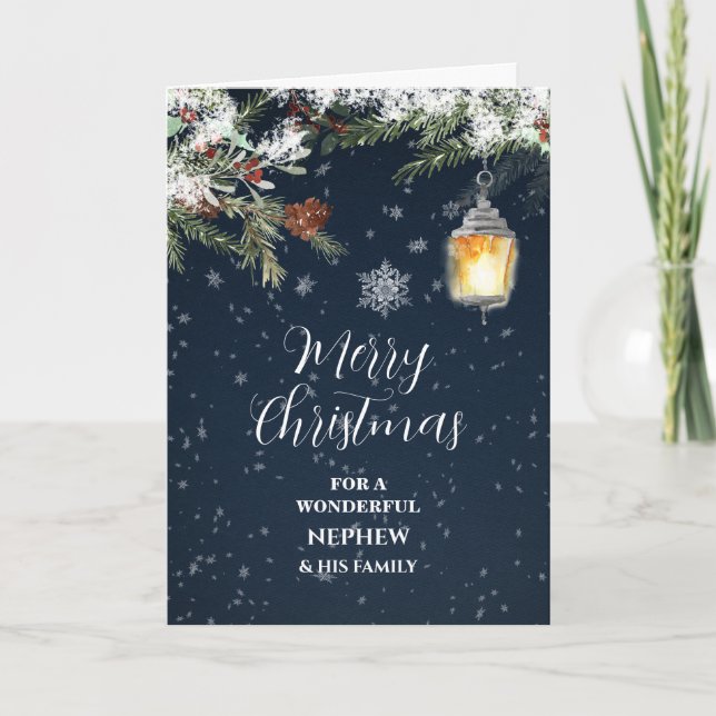 Rustic Snow Nephew & Family Merry Christmas Card (Front)