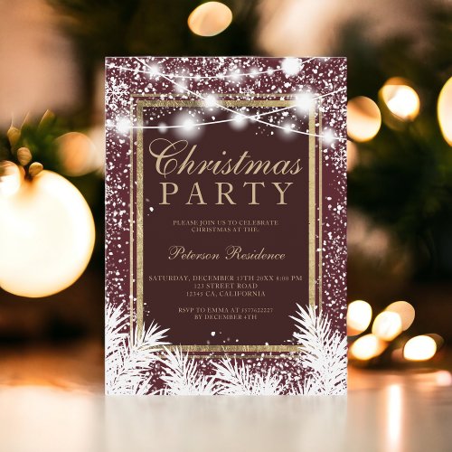 Rustic snow red Christmas pine string lights Invitation