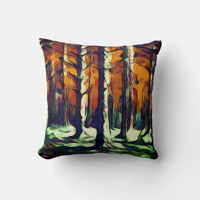 Rustic snow winter forest tree brown black white throw pillow (Front)