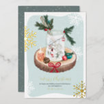 Rustic snow wood Christmas illustrations  Foil Holiday Card<br><div class="desc">Modern Christmas glass jar whimsical illustration featuring pine trees,  mountain,  cable cabin,  skis,  snowman and more! `With a green pine branches,  candles,  pine cone and Christmas ornament on a rustic brown wooden tree log.</div>