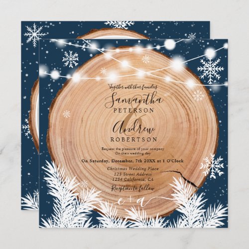 Rustic snow wood log blue Christmas photo wedding Invitation