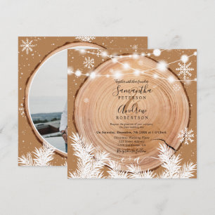 Rustic snow wood log boho Christmas photo wedding Invitation