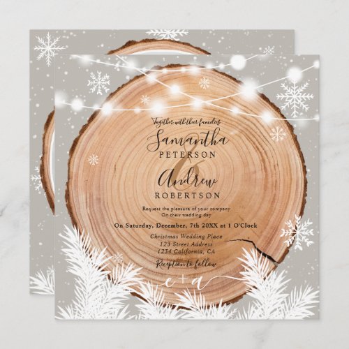 Rustic snow wood log gray Christmas photo wedding Invitation