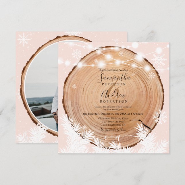 Rustic snow wood log pink Christmas photo wedding  Invitation (Front/Back)