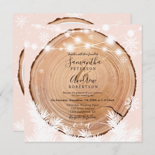 Rustic snow wood log pink Christmas photo wedding  Invitation