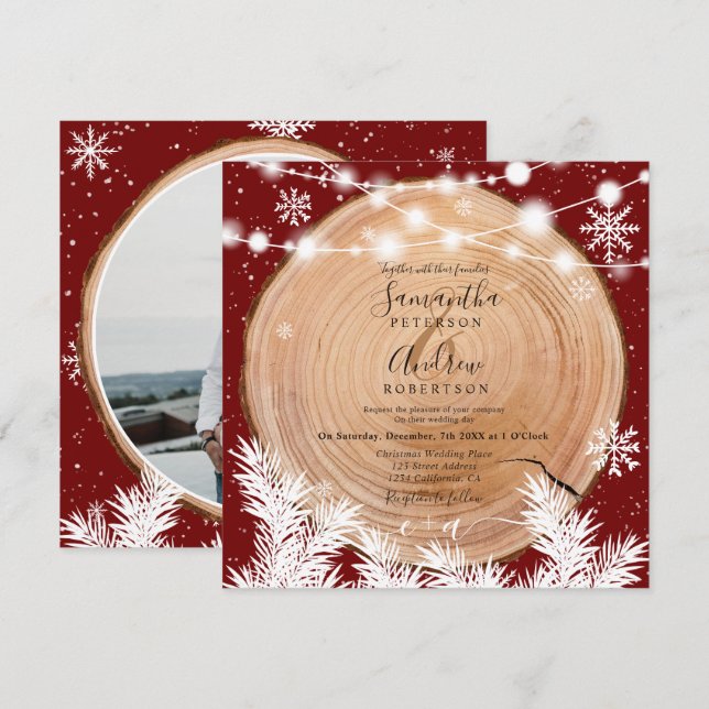 Rustic snow wood log red Christmas photo wedding Invitation (Front/Back)