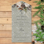 Rustic Snowfall Pine & White Floral Sage Details All In One Invitation<br><div class="desc">ALSO AVAILABLE WITH A QR CODE OR WITH DINNER CHOICES. Envelop your guests in the serene beauty of winter with our exquisite wedding invitation. A calming dusty sage backdrop creates a peaceful canvas for a stunning arrangement of fresh green pine sprigs, soft cream-colored blooms, and rustic brown pinecones. This natural...</div>