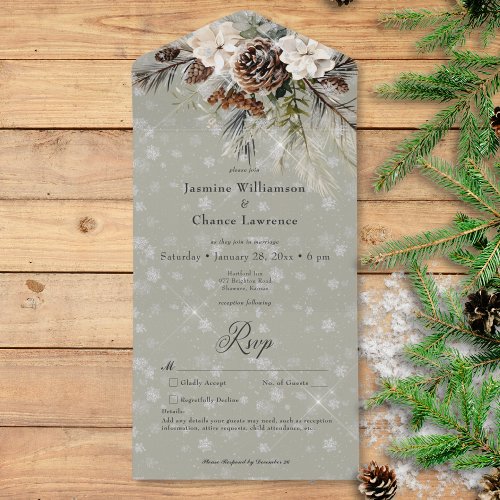 Rustic Snowfall Pine  White Floral Sage Details All In One Invitation