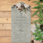 Rustic Snowfall Pine & White Floral Sage Dinner All In One Invitation<br><div class="desc">ALSO AVAILABLE WITH DETAILS, OR A QR CODE. Envelop your guests in the serene beauty of winter with our exquisite wedding invitation. A calming dusty sage backdrop creates a peaceful canvas for a stunning arrangement of fresh green pine sprigs, soft cream-colored blooms, and rustic brown pinecones. This natural masterpiece is...</div>