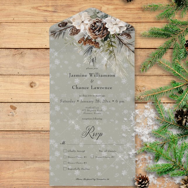 Rustic Snowfall Pine & White Floral Sage Dinner All In One Invitation (Rustic Snowfall Pine & White Floral Sage Dinner All In One Invitation)