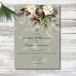 Rustic Snowfall Pine & White Floral Sage Wedding Invitation<br><div class="desc">Envelop your guests in the serene beauty of winter with our exquisite wedding invitation. A calming dusty sage backdrop creates a peaceful canvas for a stunning arrangement of fresh green pine sprigs, soft cream-colored blooms, and rustic brown pinecones. This natural masterpiece is adorned with a delicate snowfall of shimmering silver...</div>