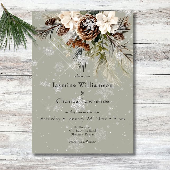 Rustic Snowfall Pine & White Floral Sage Wedding Invitation (Rustic Snowfall Pine & White Floral Sage Wedding Invitation)