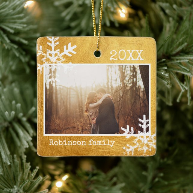 Rustic Snowflake Family Gold Ceramic Ornament (Tree)