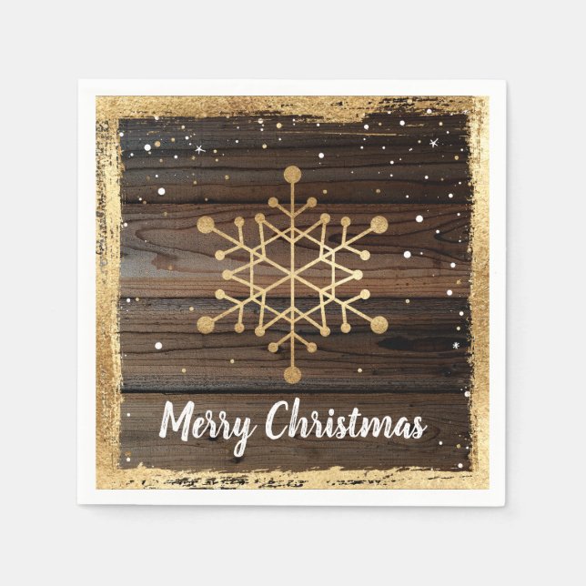 Rustic Snowflake Gold Merry Christmas Party Paper Napkins (Front)