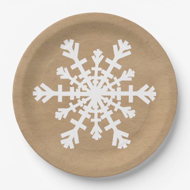 Rustic Snowflake on Kraft Paper Look Paper Plates (Front)