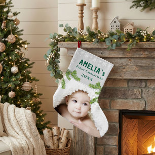 Rustic Snowflake Pine Baby`s First Christmas Photo Large Christmas Stocking