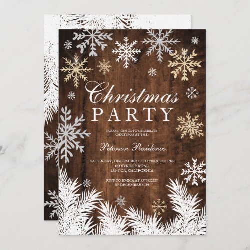 Rustic snowflake pine wood winter Christmas party Invitation