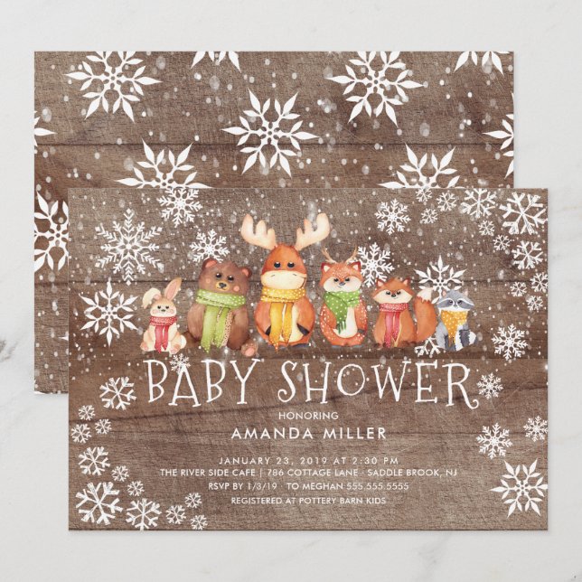 Rustic Snowflake Woodland Animals Baby Shower Invitation (Front/Back)