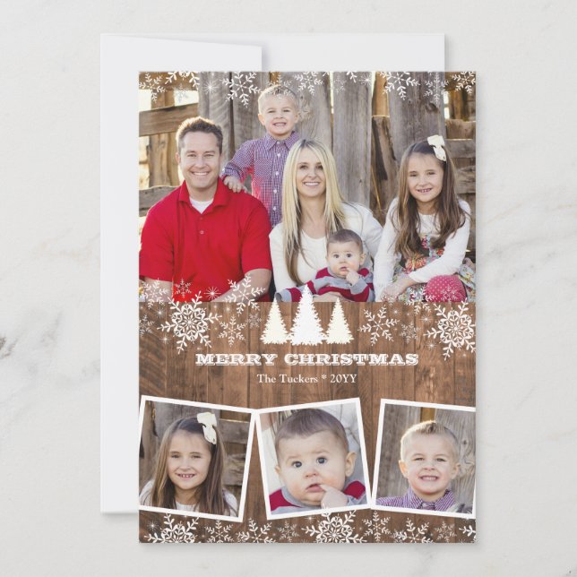 Rustic Snowflakes 4 Photo Collage Christmas Holiday Card (Front)