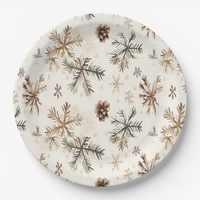 Rustic snowflakes and pine cones paper plates (Front)