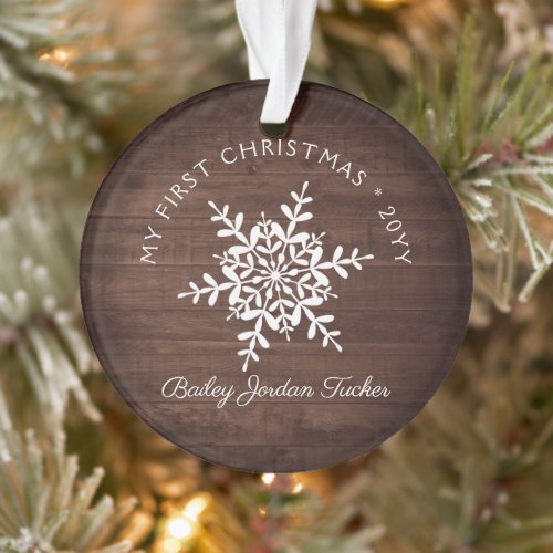 Rustic Snowflakes Baby First Christmas Birth Stats Ornament