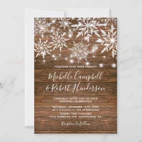 Rustic Snowflakes Barn Wood Winter Wedding Invitation