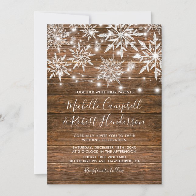 Rustic Snowflakes Barn Wood Winter Wedding Invitation (Front)