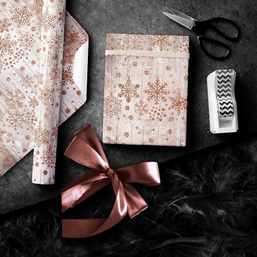Rustic Snowflakes  Copper Rose Gold Wood Pattern Wrapping Paper