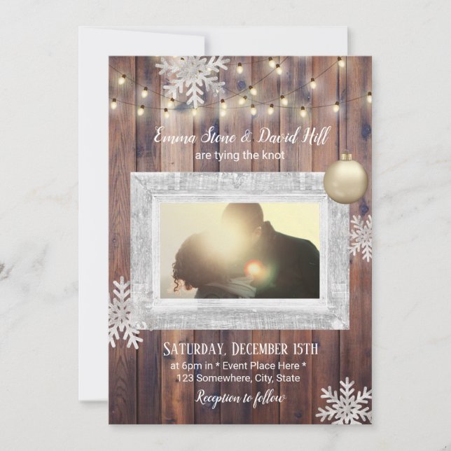 Rustic Snowflakes Custom Photo Winter Wedding Invitation (Front)