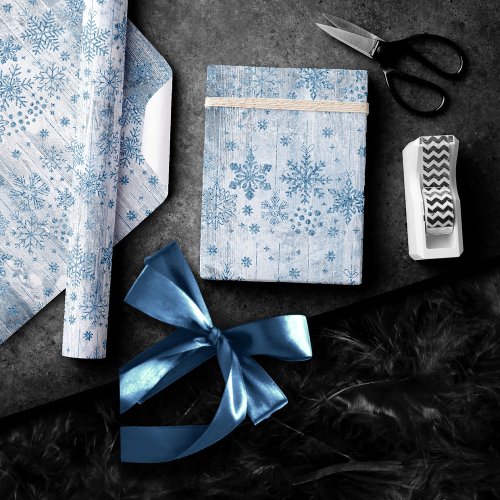 Rustic Snowflakes  Dusty Blue Scandinavian Wood Wrapping Paper