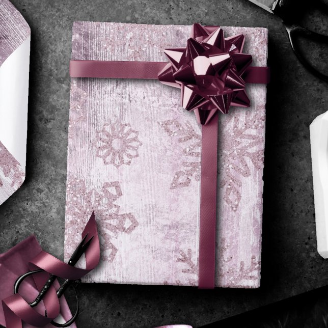 Rustic Snowflakes | Dusty Mauve Pink Wood Grain Wrapping Paper