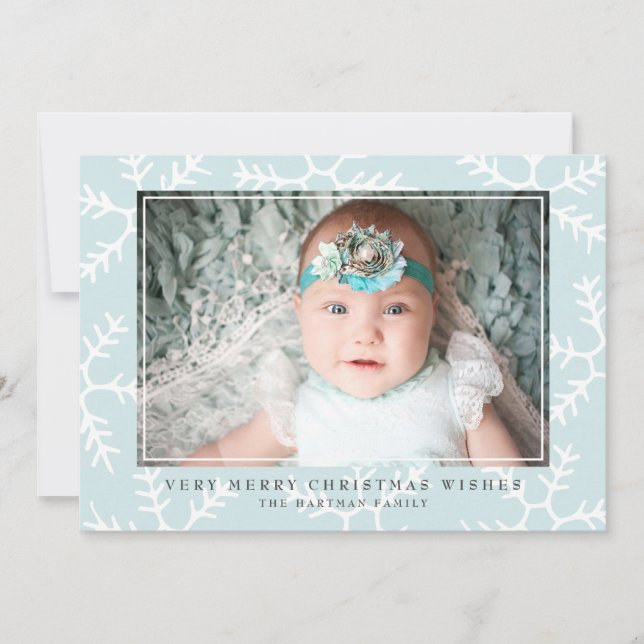 Rustic Snowflakes Elegant Christmas Photo | Blue Holiday Card (Front)