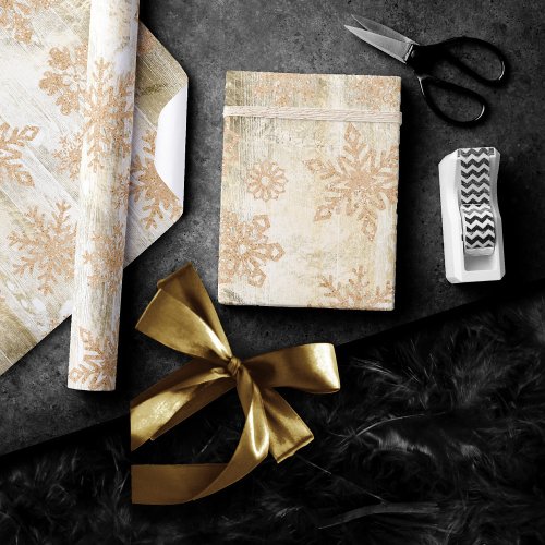 Rustic Snowflakes  Gold Grunge White Wood Planks Wrapping Paper