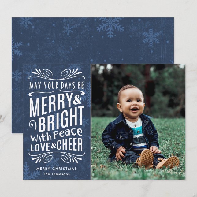 Rustic Snowflakes Merry and Bright Blue | Photo Holiday Card (Front/Back)