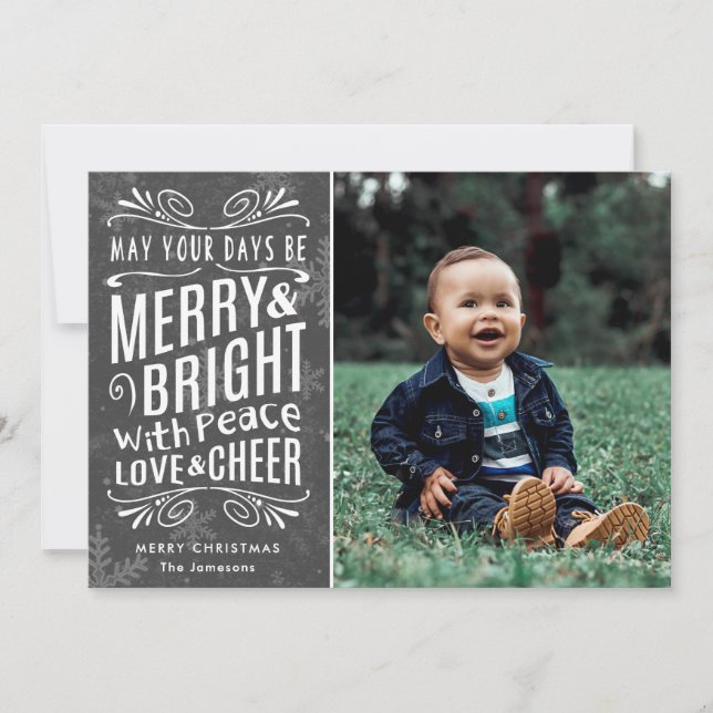 Rustic Snowflakes Merry and Bright Gray | Photo Holiday Card (Front)