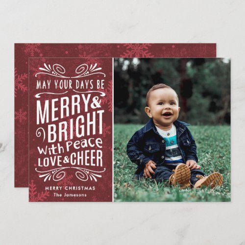 Rustic Snowflakes Merry and Bright Red  Photo Holiday Card