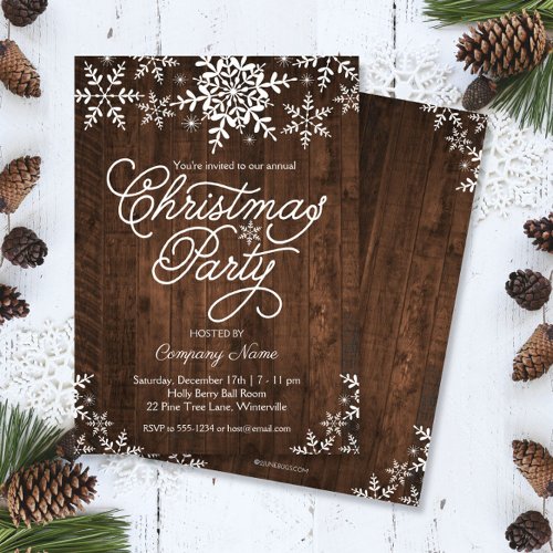 Rustic Snowflakes on Wood Christmas Party Invitation