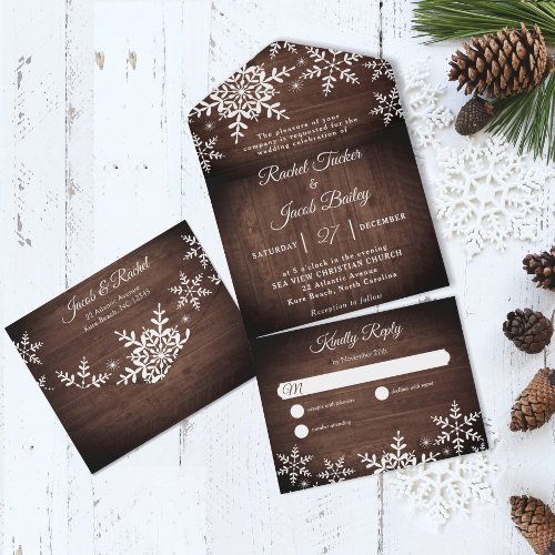 Rustic Snowflakes on Wood Christmas Winter Wedding All In One Invitation